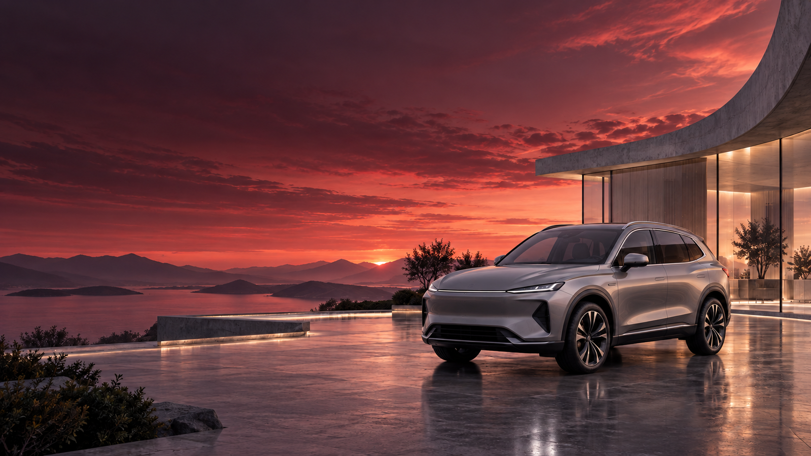 Illustrative automotive scene with a silver SUV beside a glass pavilion at a red sunset