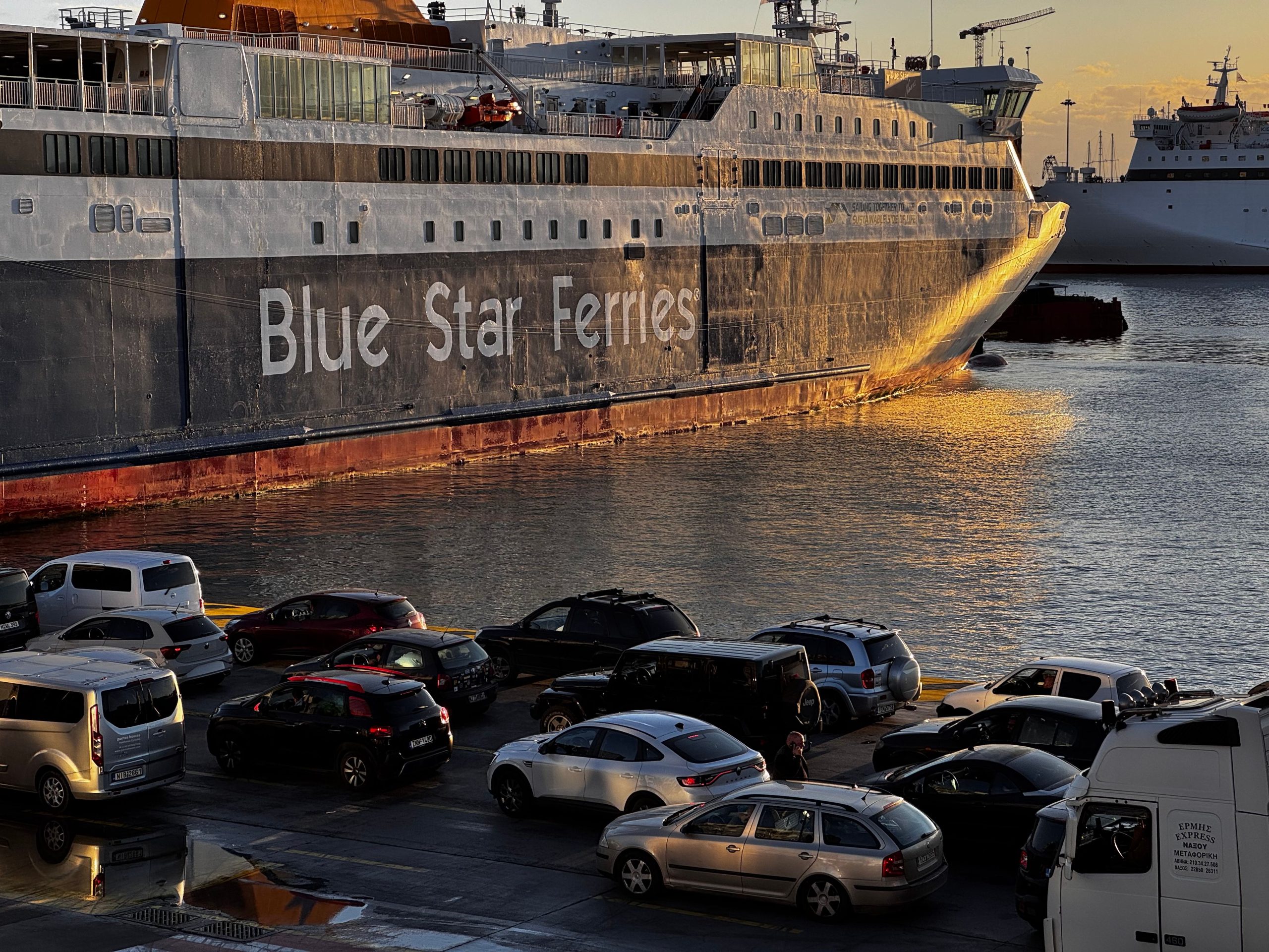 Vehicles boarding a ferry at the port